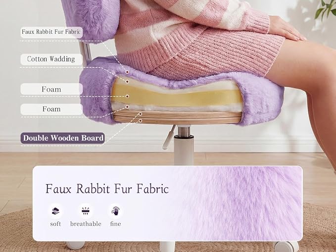 Homkdom Vanity Chair with Wheels, Cute Desk Chair with Bow Backrest, Fluffy Faux Rabbit Fur Small Office Chair for Vanity, Make-up Room, Bedroom, Dorm, Height Adjustable, Purple