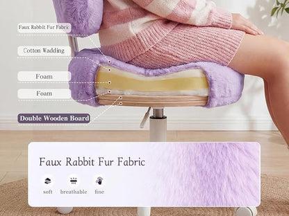 Homkdom Vanity Chair with Wheels, Cute Desk Chair with Bow Backrest, Fluffy Faux Rabbit Fur Small Office Chair for Vanity, Make-up Room, Bedroom, Dorm, Height Adjustable, Purple