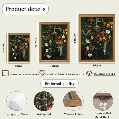 CXQILVER Vintage Framed Floral Bathroom Wall Art Canvas, Green Botanical Flowers Shower Wall Decor, Rustic Farmhouse Bathroom Decor Aesthetic Picture Artwork for Bedroom Living Room Guest Bath 12x16in