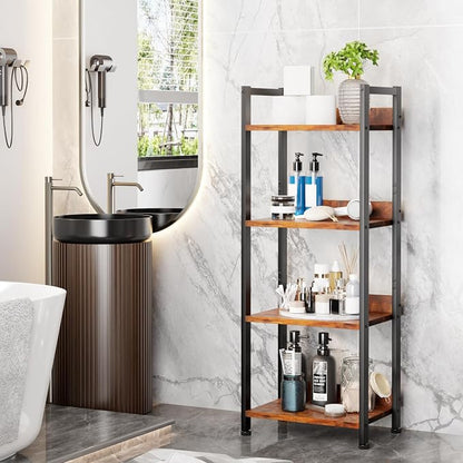 Furologee 4 Tier Bookshelf with Drawer, Tall Bookcase with Shelves, Narrow Bookshelves Storage Organizer, Wood and Metal Display Standing Shelf Unit for Bedroom, Living Room, Rustic Brown