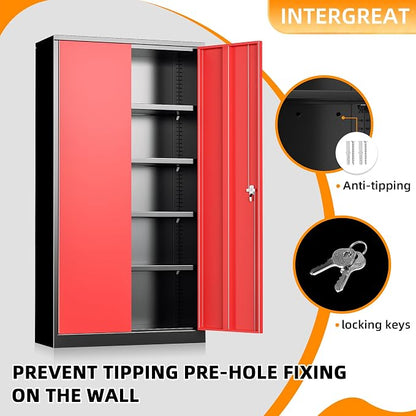 INTERGREAT Metal Storage Cabinet with Doors, 72" Locking Steel Storage Cabinet with Shelves, Tall Metal Cabinet Lockable Steel Cabinets for Home Office, Garage,(Black+Red)