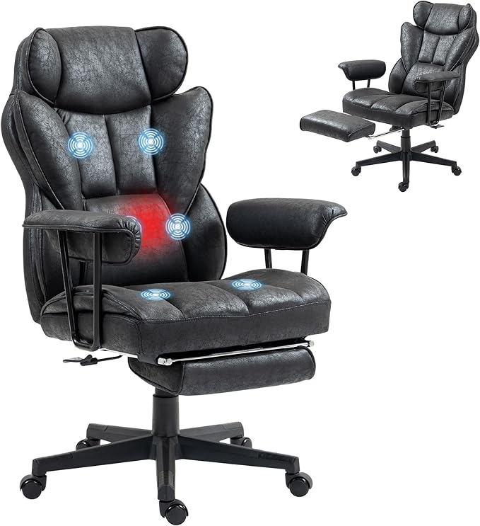 HOMCOM Massage Executive Office Chair with 6 Vibration Points, 400LBS Heated Big and Tall Office Chair with Foot Rest and Lumbar Support, Microfiber Reclining Computer Desk Chair, Black