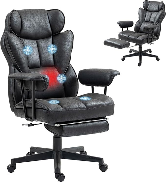 HOMCOM Massage Executive Office Chair with 6 Vibration Points, 400LBS Heated Big and Tall Office Chair with Foot Rest and Lumbar Support, Microfiber Reclining Computer Desk Chair, Black