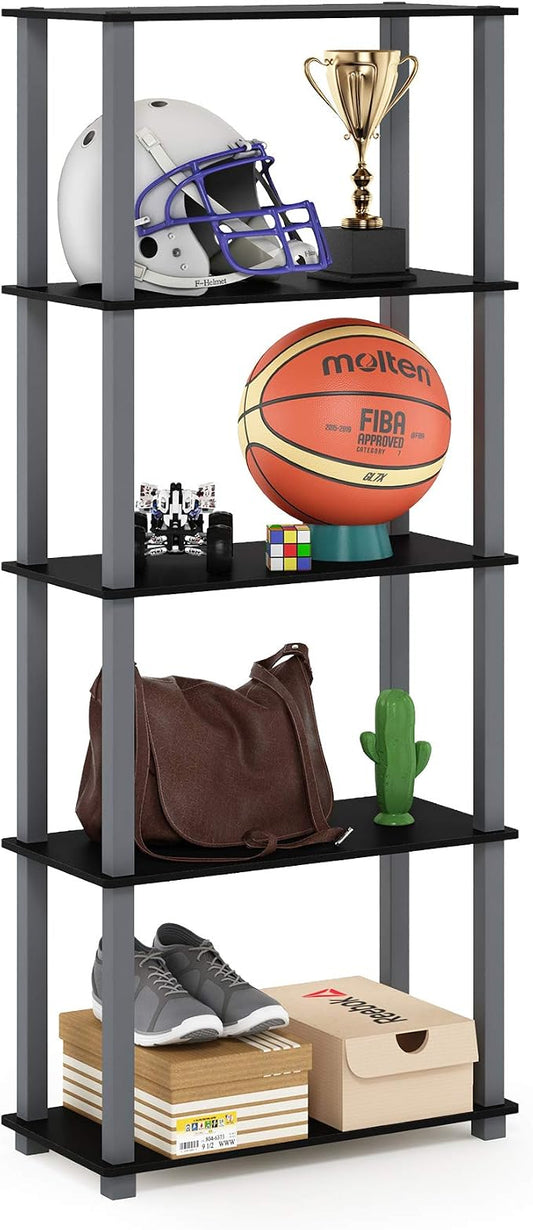 Furinno Turn-N-Tube 5-Tier Multipurpose Shelf / Display Rack / Storage Shelf / Bookshelf, Square Tubes, Black/Grey