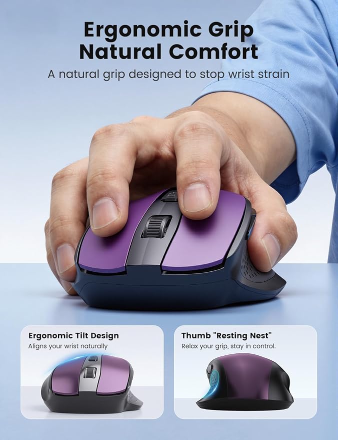 SABLUTE Purple Wireless Mouse for Laptop, 2.4GHz Computer Mouse with USB-A&C Receiver, Office Cordless Mice with 6 Buttons & 3 Level DPI for Small to Medium Hands, Compatible with PC, Desktop, Tablet