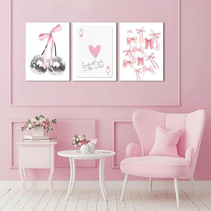 Trendy Pink Bows Wall Art Set of 3 Coquette Preppy Cherry Wall Decor Trendy Disco Ball Canvas Posters Prints Girly Aesthetic for College Apartment Living Room Bedroom Framed 12x16 In