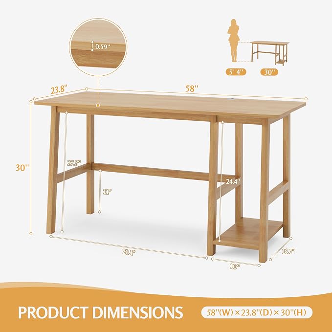 NELYE Solid Wood Computer Desk - 58" W x 24" D Sturdy Computer Workstation with CPU Stand，Modern Minimalist Table for Home Office, Oak