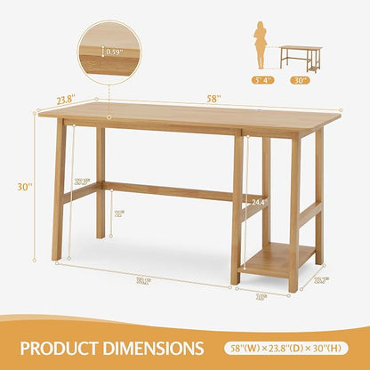 NELYE Solid Wood Computer Desk - 58" W x 24" D Sturdy Computer Workstation with CPU Stand，Modern Minimalist Table for Home Office, Oak