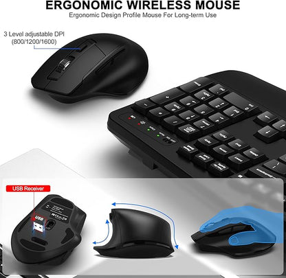 Wireless Keyboard and Mouse Combo, 2.4G Full Size Wave Keys Ergonomic Keyboard with Wrist Rest, Phone Holder, 3-Level DPI Adjustable Wireless Ergonomic Mouse for Windows, Mac Desktop/Laptop/PC(Black)