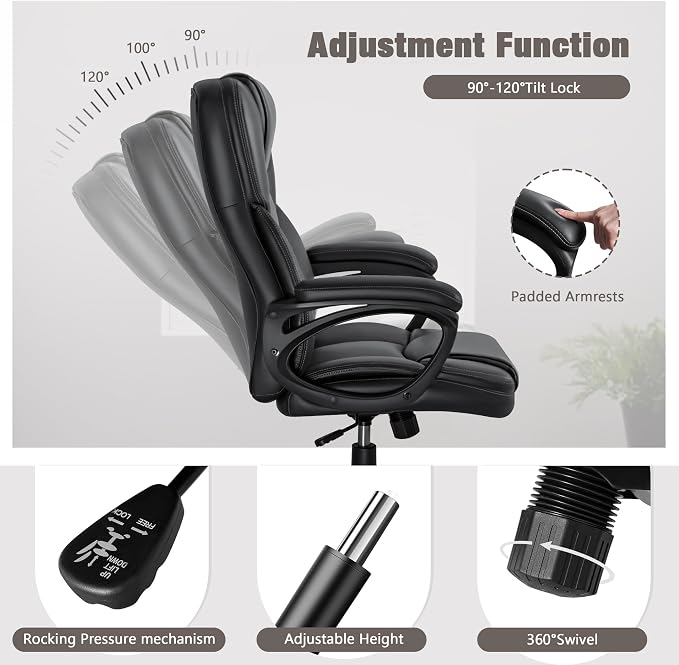 JUMMICO Executive Office Chair High Back Managerial Home Desk Chair, Adjustable Swivel Computer PU Leather Chair with Lumbar Support (Black)