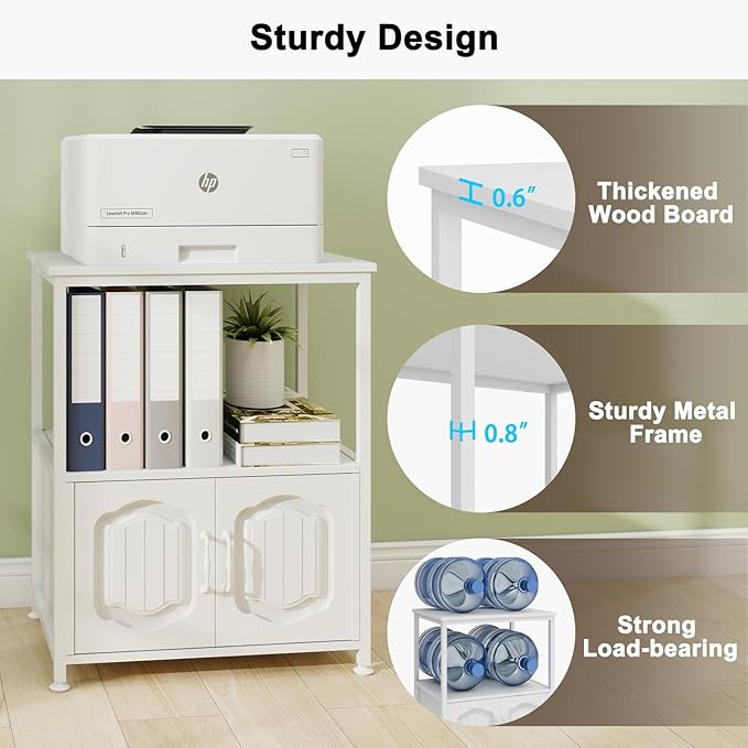 Natwind 3 Tier Printer Stand with File Cabinet, Vertical Filling Cabinet with Open Shelves, Decorative Wood Printer Shelf with Storage for Home Office, White