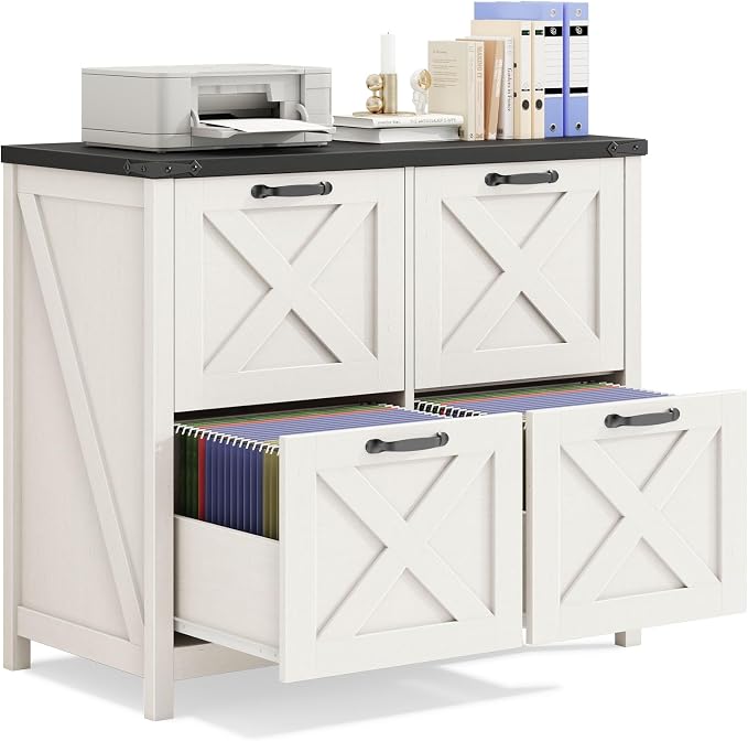 Halitaa Lateral File Cabinet with 4 Drawers, Farmhouse File Cabinet for Letter/A4 Size Hanging Files, Large Wood File Storage Cabinets Printer Stand for Home Office Cabinets, Rustic White and Black