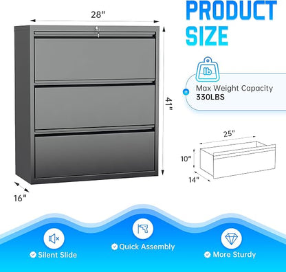 Greenvelly Lateral File Cabinet with Lock,3 Drawer Metal Filing Cabinet for Home Office, Black Steel Lateral File Drawers, Wide Office File Cabinet with Hanging Bars for A4 Legal/Letter Size