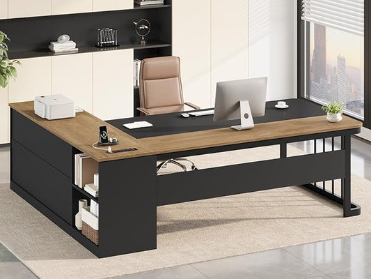 UPOSOJA 71" Executive Desk, Large Office Desk with Drawers & Storage Shelves, Modern L Shaped Computer Desk Corner Desk with Power Outlets, File Cabinet, Business Furniture Desk Workstation (Oak)