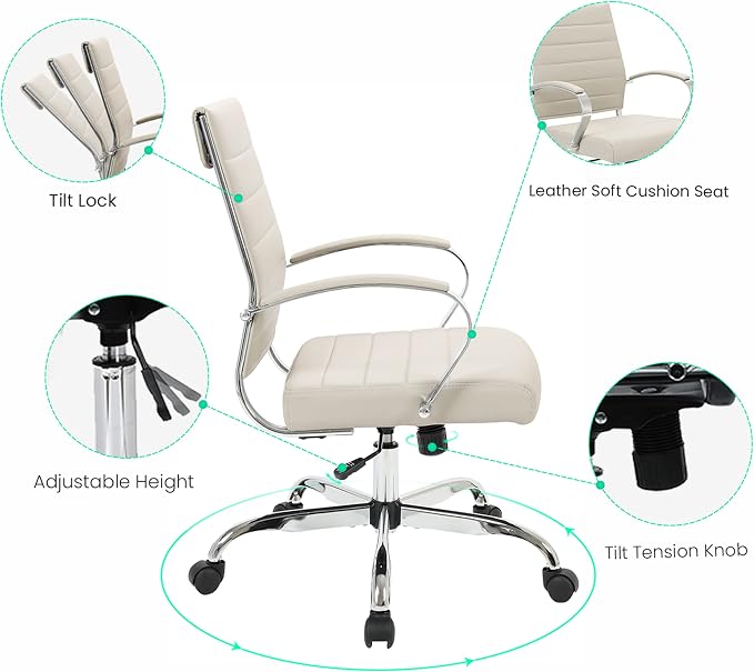 LeisureMod Benmar Leather Office Desk Chair, Mid-Back Ergonomic Swivel Chair with Lumbar Support, Adjustable Height, Tilt Lock, Cushioned Seat & Back, Home Office Task Chair (Tan, Single)