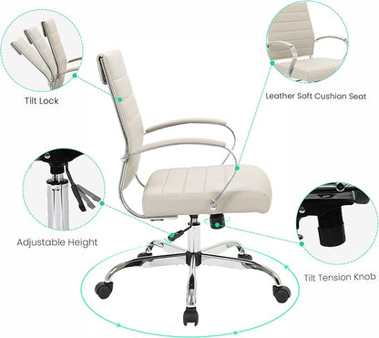 LeisureMod Benmar Leather Office Desk Chair, Mid-Back Ergonomic Swivel Chair with Lumbar Support, Adjustable Height, Tilt Lock, Cushioned Seat & Back, Home Office Task Chair (Tan, Single)