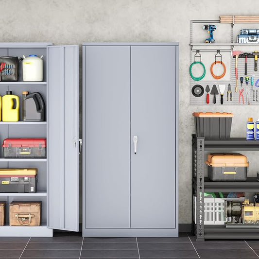INTERGREAT Metal Garage Storage Cabinet with Lock, 72" Storage Cabinet with Locking Doors and 4 Adjustable Shelves, Lockable Steel Tool Cabinet for Home Office, School, Cement Grey