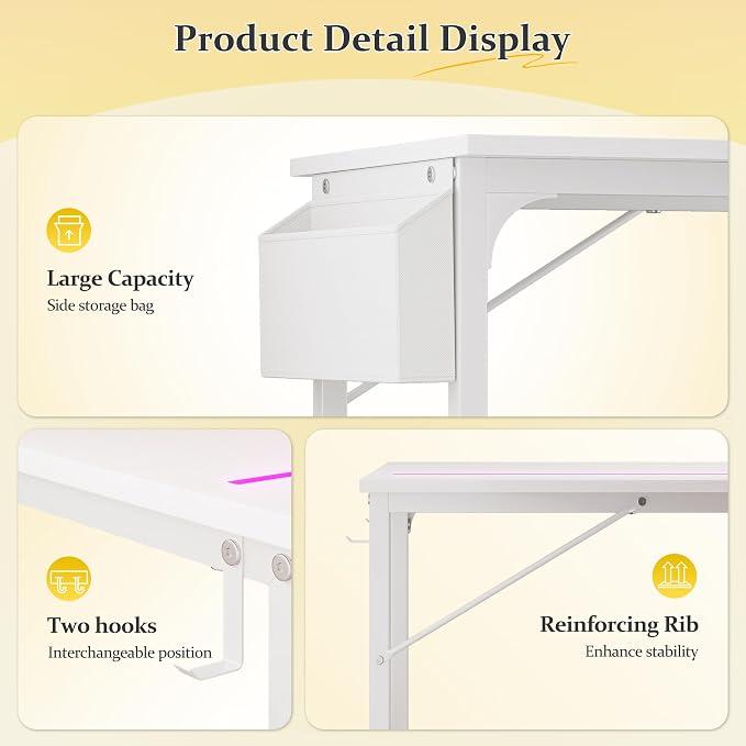 DurayLoly 71" Computer Desk LED Lights, Large Office Desk for 3 Monitors or 2 laptops,Long Desk with Storage Bag&Headphone Hook for Study Writing Work Gaming Desk,Sturdy Metal Frame,Bedroom,White