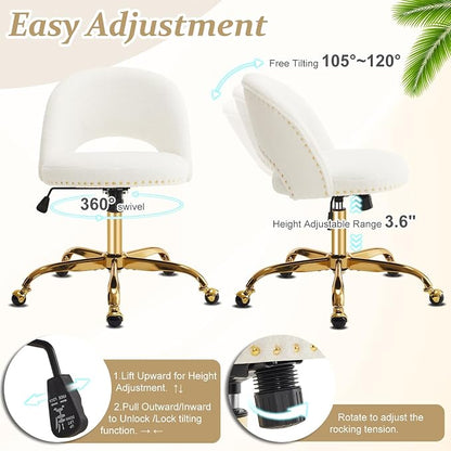 VINGLI Modern Teddy Fluffy Small Office Chair,Cute Desk Chair with Wheels,Gold Base/Studs, Comfy Armless Swivel Vanity Task Chair for Women/Girl/Kids, Nail Tech Chair for Bedroom,Small Space,White