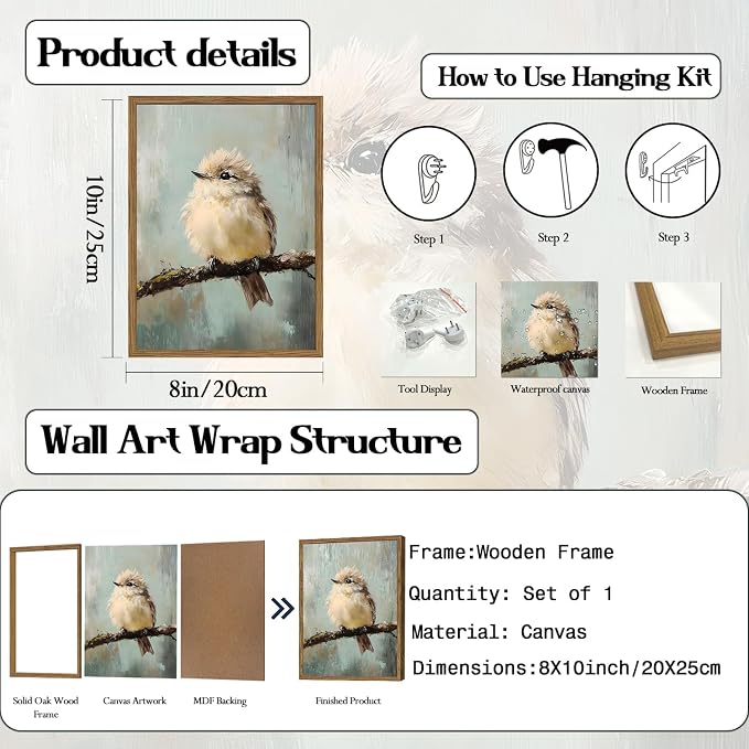 Framed Vintage Bird Wall Art, Small Bird Rustic Wall Decor Pictures, Cute Animal Canvas Art Prints Farmhouse Cottagecore Paintings for Kid's Room Bathroom Bedroom Kitchen Living Room 8x10 In