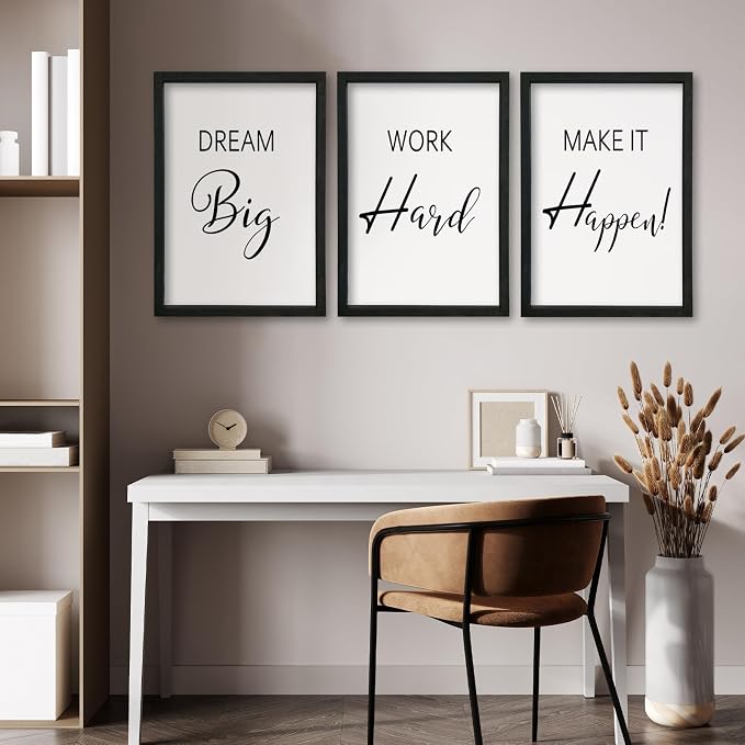 Motivational Wall Art for Office Decor 11x16–Wood Frame Set of 3, Dream Big | Work Hard Make It Happen Sign，Home Office，Black Frame