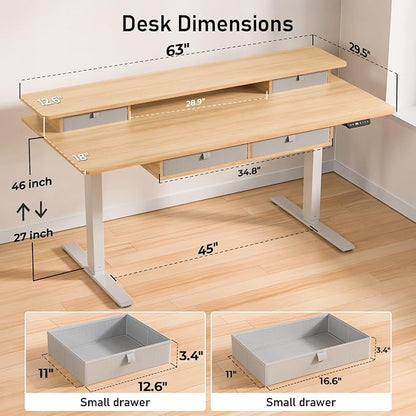63 * 30 Inches Electric Standing Desk Adjustable Height with 4 Drawers, Double Storage Shelves Stand Up Desk, Home Office Workstation Sit Stand Desk (Nature)