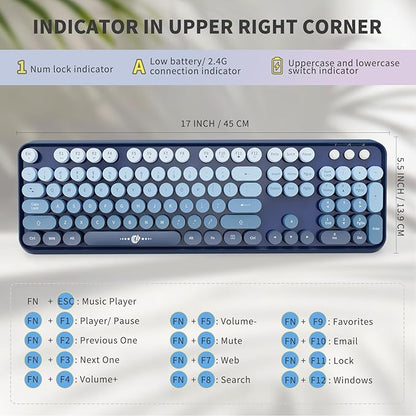 Blue Wireless Keyboard and Mouse Combo, Retro Typewriter Style Round Key Keyboard, 2.4GHz Full Size Aesthetic Bubble Keyboard with Number Pad for Long Nail PC Laptop Desktop Computer