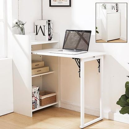 Fold Out Desk,Hidden Desk with Built-in Outlet, Foldable Desk with Storage for Small Spaces,Home Office and Bedroom (White)