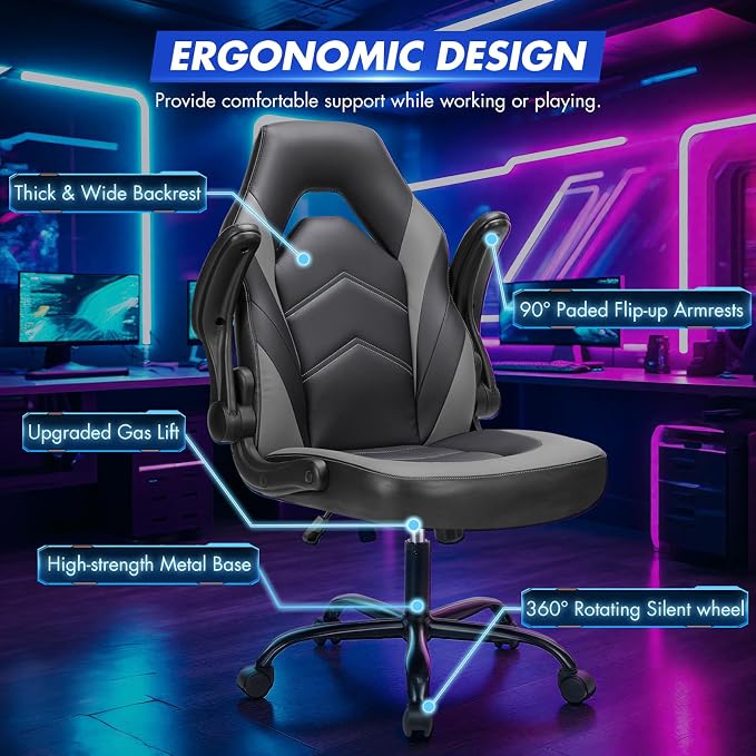 Sweetcrispy Computer Video Game Desk Chair: Ergonomic Comfy Lumbar Support, PU Leather with Flip-up Armrest, Height Adjustable and 360° Swivel, for Adults, Black Grey