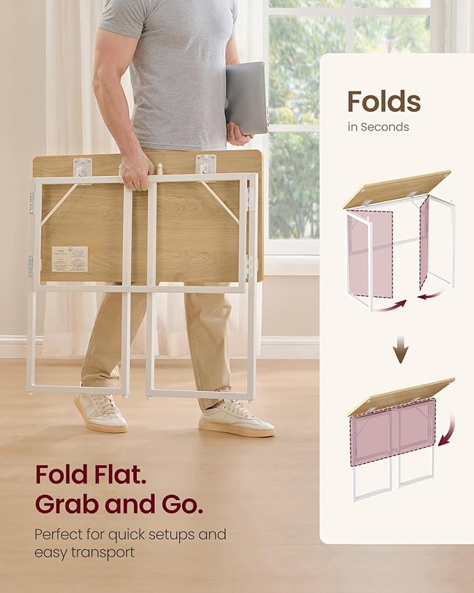 VASAGLE Folding Desk, Foldable Computer Desk, One-Piece Desktop, Rounded Edges, Small Folding Craft Table for Bedroom, Balcony, Camping, Easy Assembly, 31.5 x 15.7 Inches, Straw Yellow ULWD151YD01