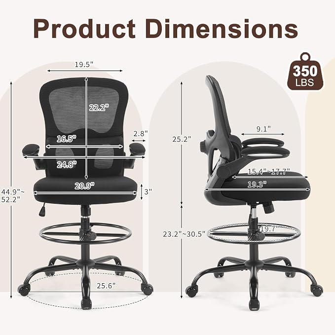 Karl home Ergonomic Drafting Chair, Black | Lumbar Support, Flip-Up Armrests, Adjustable Height Footrest Ring, Breathable Mesh, Tall Swivel