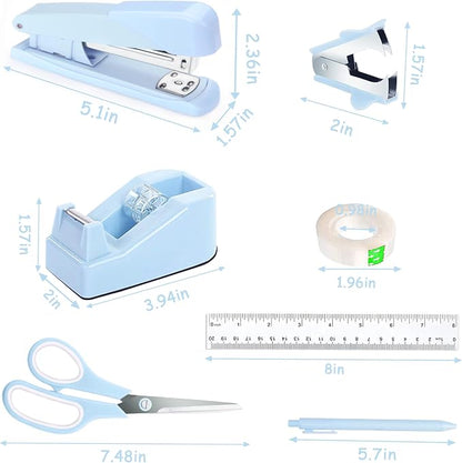 Dimonluce Blue Desk Accessories, Blue Office Supplies Accessories with Tape Dispenser, Stapler, Staple Remover, 1000 Staples, Tape, Clips Set, Ruler, Scissor, Pen