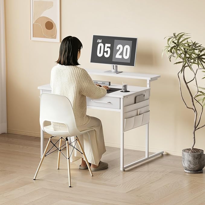 Maihail Small desk with Drawers, 31.5X15.8-22.9 Inches Office Computer Desk with Side Pocket & Ergonomic Adjustable Monitor Stand, Writing Table for Small Spaces, Kids desk, vanity desk Bedroom, White