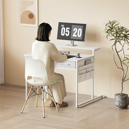 Maihail Small desk with Drawers, 31.5X15.8-22.9 Inches Office Computer Desk with Side Pocket & Ergonomic Adjustable Monitor Stand, Writing Table for Small Spaces, Kids desk, vanity desk Bedroom, White
