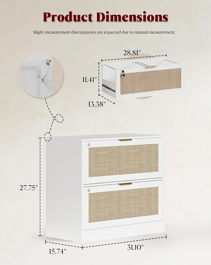 HOPUBUY 2 Drawer File Cabinet with Lock, Printer Stand Lateral Filing Cabinets for Home Office and School, Wood Rattan File Cabinet for Hanging Files/Letter/Legal/A4/F4 Size, White