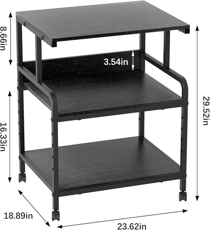 Arbuxzuy Large Printer Stand with Storage Shelf, 23.6" W x 18.9" D Printer Cart with Wheels, 3 Tier Mobile Printer Table for Home Office,Stands for Heat Press Scanner Fax (Black)
