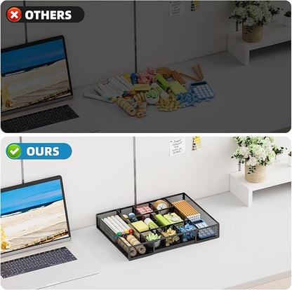 Marbrasse Expandable Desk Drawer Organizer, Mesh Drawer Organizer Tray with 10 Adjustable Compartments, Desk Organizers and Accessories for Office Supplies, Makeup & Vanity (Expandable Black-2 pack)