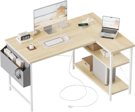Mericonia Small L Shaped Computer Desk with Power Outlets, Reversible Gaming Desk with Storage Shelves, Corner Gamer Desk Table, Study Writing Table