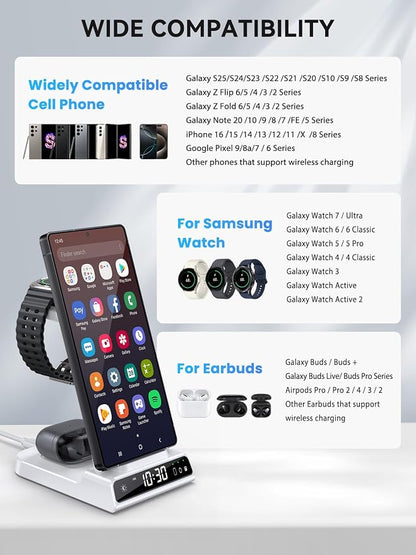 Wireless Charger for Samsung Charging Station with Clock for Samsung Galaxy S25 Ultra/S24 Ultra/Z Flip 7/Z Fold 6/Galaxy Bud, 3 in 1 Charger Station Watch Charger for Galaxy Watch 8/7/6/5 Pro (White)