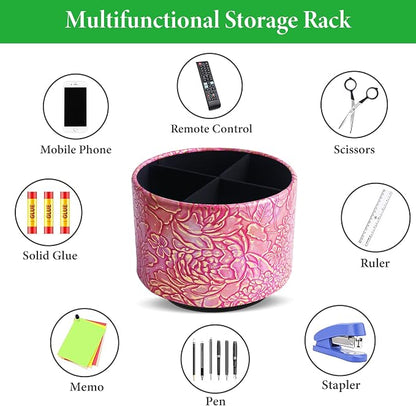 Round Leather Art Supply Organizer,Remote Control Holder,360 Degree Spinning,Multi-Functional Pencil Holder,4 Compartments Desktop Stationary Organizer(1-Rich Flower Pink)
