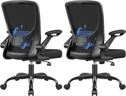 BESTFAIR Ergonomic Office Chair, Mesh Computer Desk Chairs with Lumbar Support, Swivel Desk Chair with Flip-up Arms and Adjustable Height, Black, 2-Pack