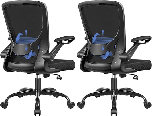 BESTFAIR Ergonomic Office Chair, Mesh Computer Desk Chairs with Lumbar Support, Swivel Desk Chair with Flip-up Arms and Adjustable Height, Black, 2-Pack