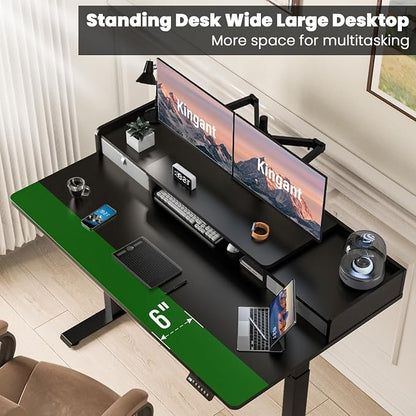 Kingant 55 x 30 Inch Electric Standing Desk with Dual Drawers, Adjustable Height Computer Desk for Home Office, Large Workstation Sit Stand Up Desk with Built-in Storage Shelf, Black