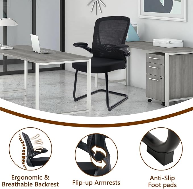 CLATINA Waiting Room Chairs with Flip Up Arms and Adjustable Lumbar Support, Office Guest Chairs & Reception Chair for Conference Room, Breathable Mesh Black Desk Chair No Wheels for Elderly