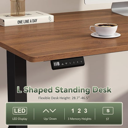 YOMILUVE Farmhouse L Shaped Standing Desk, 66 inch Corner Electric Standing Desk with Drawers ＆ Storage Shelves, Height Adjustable Computer Desk with Power Outlets for Home Office (Black and Brown)