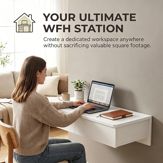 Corner Floating Desk with Drawer, Wall Mounted Desk with Open Shelving, Floating Makeup Vanity with Storage, Scratch-Resistant, Space Saving, for Bedroom Living Room Small Spaces Apartment