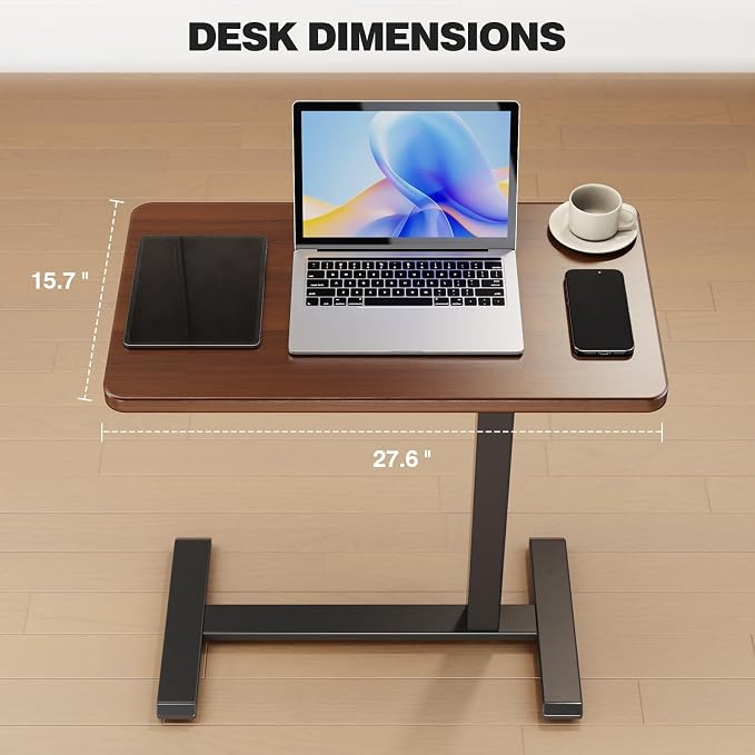 ROMOON Overbed Bedside Table with Wheels, Rolling Height Adjustable Standing Desk, Mobile Laptop Cart with Sturdy Frame for Hospital, Home and Small Space (27.6" W x 15.7" D, Walnut)