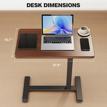ROMOON Overbed Bedside Table with Wheels, Rolling Height Adjustable Standing Desk, Mobile Laptop Cart with Sturdy Frame for Hospital, Home and Small Space (27.6" W x 15.7" D, Walnut)