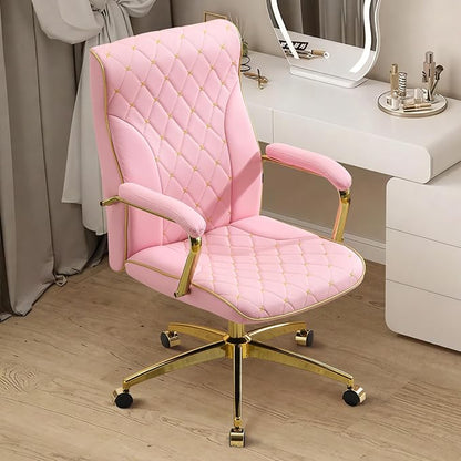 Furniliving Pink and Gold Office Chair, Leather Office Chairs, Adjustable Vanity Chair with Golden Legs and Padded Armrest, Modern Upholstered Computer Chair with Wheels,Pink