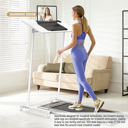 Eocnrhe Treadmill Desk, Mobile Small Standing Desk with Wheels for Walking Pad, Portable Table for Laptop, Rolling Table Adjustable Height, Bedside Table，White